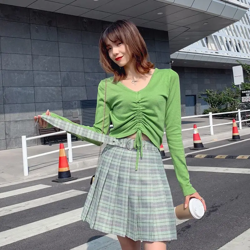 

Jk College Style Women High Waist Retro Plaid Pleated Short Skirt With Belt