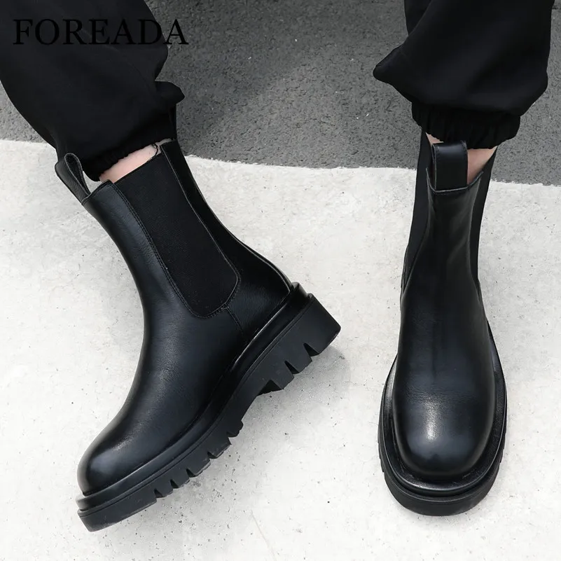 

FOREADA Natural Genuine Leather Chelsea Boots Woman High Heel Mid Calf Boots Thick Heel Round Toe Ladies Shoes Autumn Black 43
