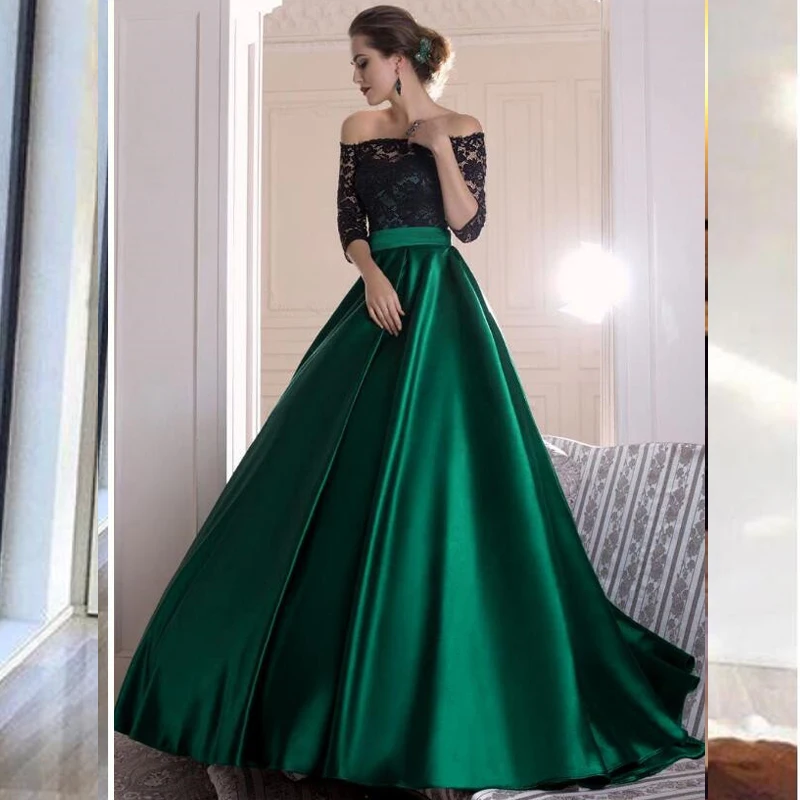 Зеленые Длинные вечерние платья атласные трапециевидные вырез лодочкой три