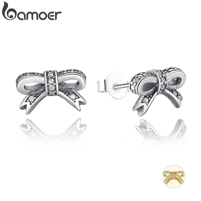 BAMOER нежные 925 пробы серебряные сверкающие серьги-гвоздики с бантом с прозрачным CZ женские вечерние Роскошные ювелирные изделия PAS407