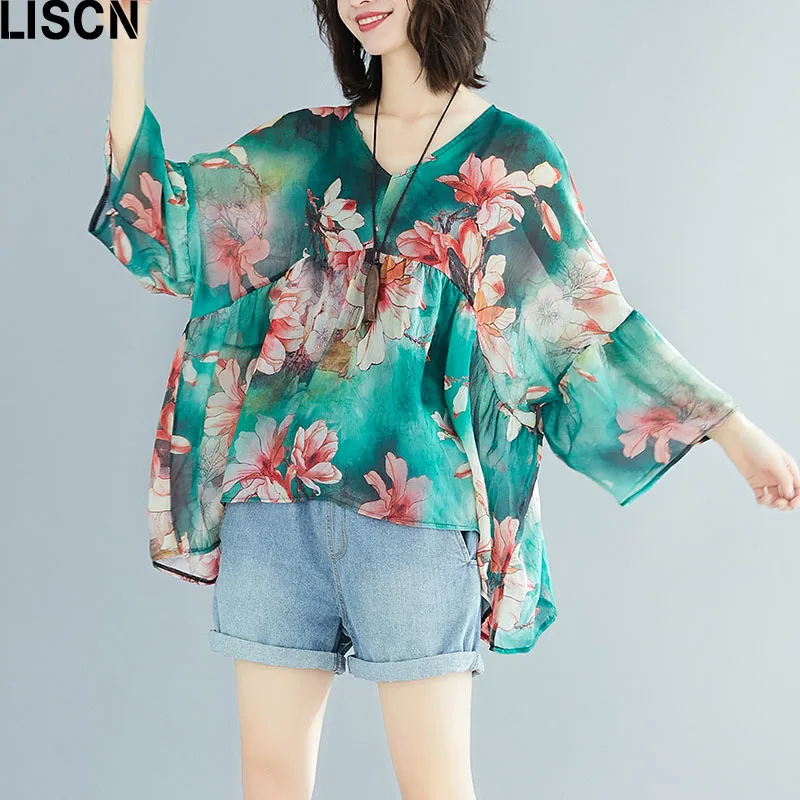 

2020 New Summer Plus Size 4XL 5XL 6XL Chiffon T Shirts For Women Oversize Batwing Sleeve Printed Tee Shirts Female Green T Shirt