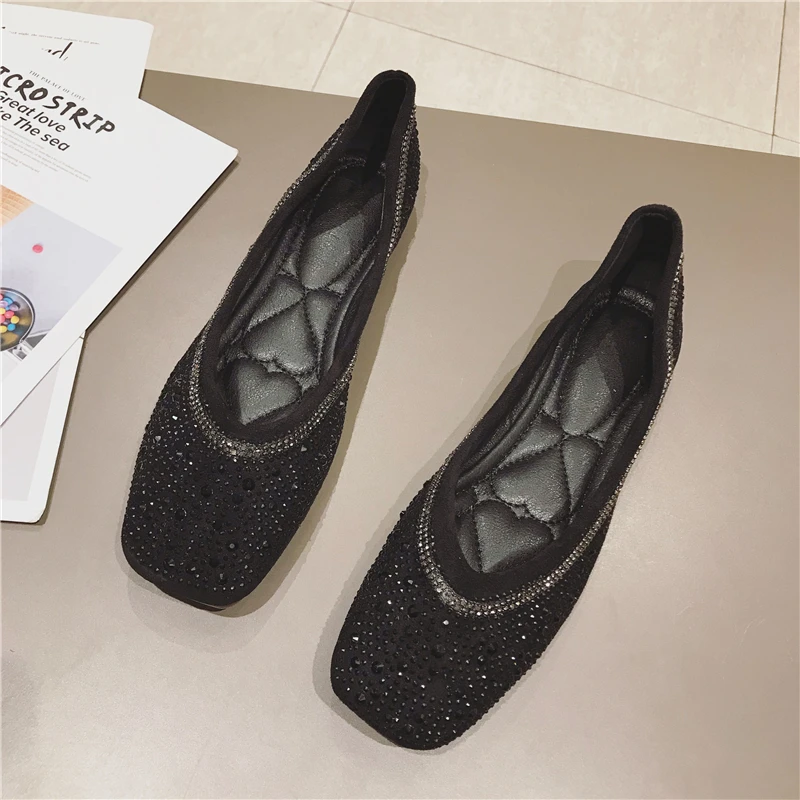 Балетки женские с пайетками холщовые туфли на плоской подошве квадратный носок