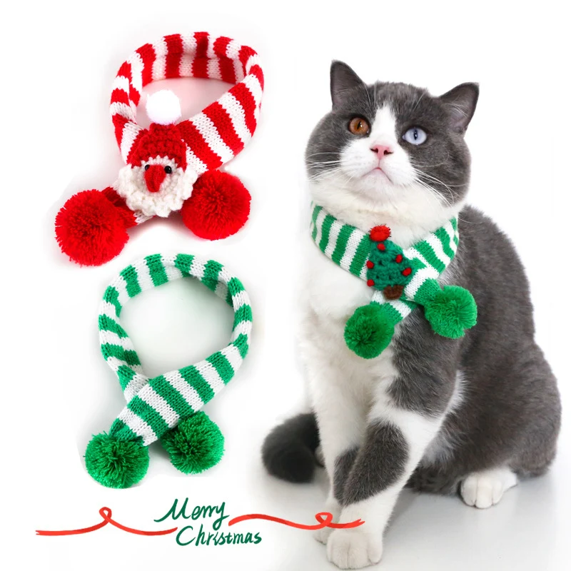 

Pet Christmas Costume Scarf Wool Striped Collar Cat Winter Warm Scarf Santa Claus Adjustable Dress Up Bow Collar Cat Dog Gift