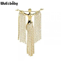 wulibaby rhinstone lady figure brooches for women alloy beauty tassel girl brooch pins gifts