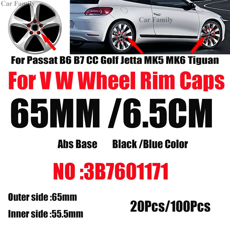 

100pcs 20pcs 3B7601171 65mm For Passat B6 B7 CC Golf MK5 MK6 Tiguan Car Wheel Center Hub Caps Auto Rims Centre Cover Accessories