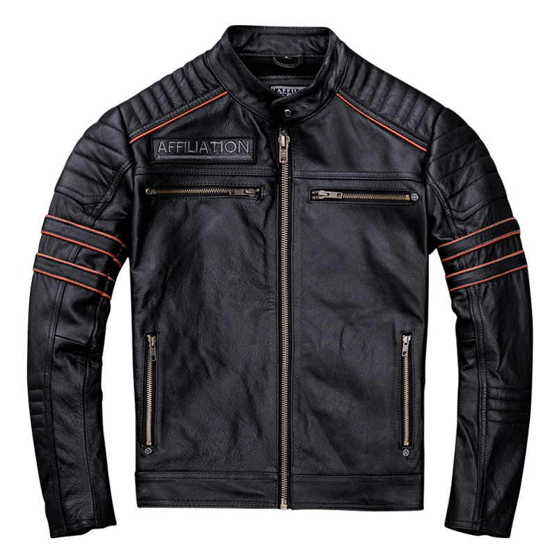 Black Men Skulls Embroidery Motorcycle Leather Jacket Plus Size XXXXL Genuine Cowhide Spring Slim Fit Biker's Leatther Coat