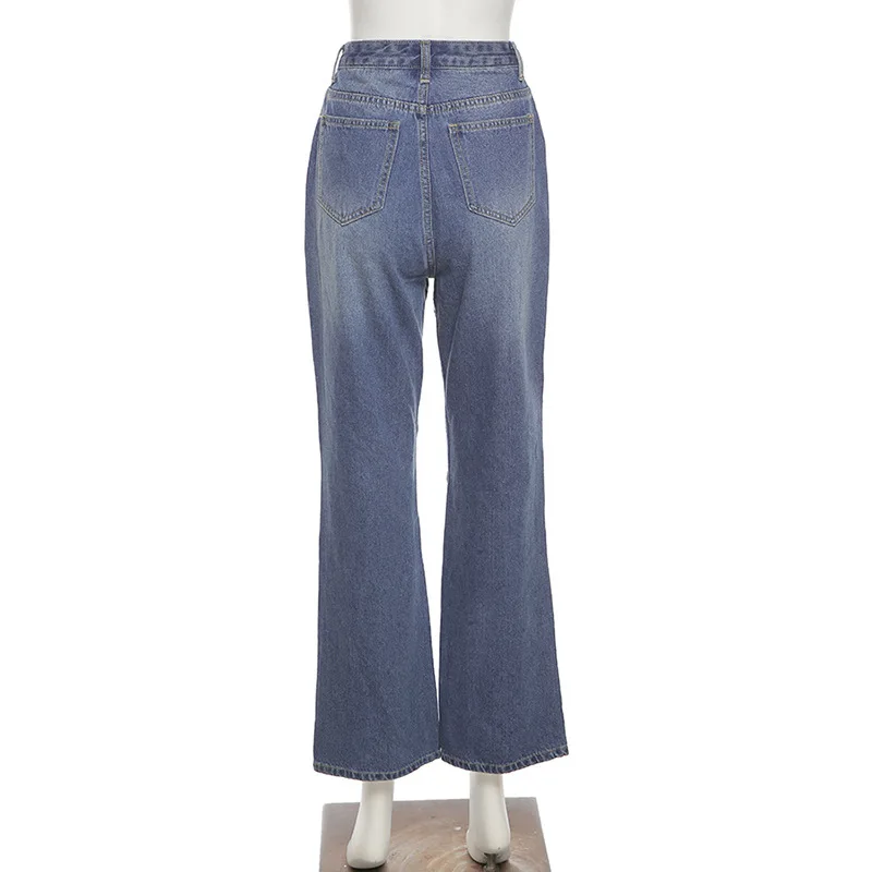 

Streetwear Fashion Women Straight Pockets Patchwork Distressed Mom Jeans High Waist Ripped Female Vintage Baggy Denim Pants Blue