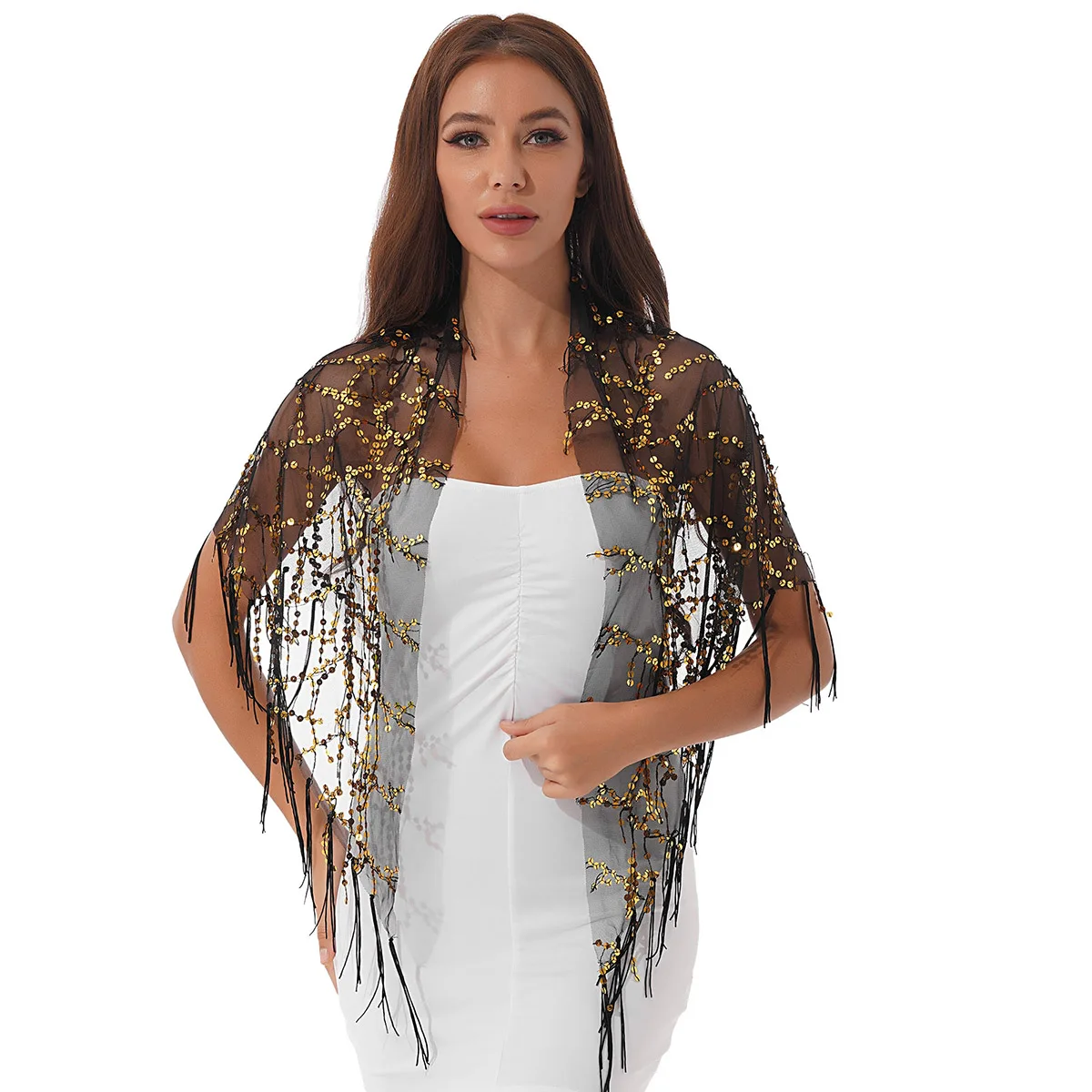 

Cardiga Women Sequin Tassel Shawl Evening Party Cape Shawls Wraps Dress Cover Ups Fringed Scarf Hollow Out Mesh Scarves Tippet