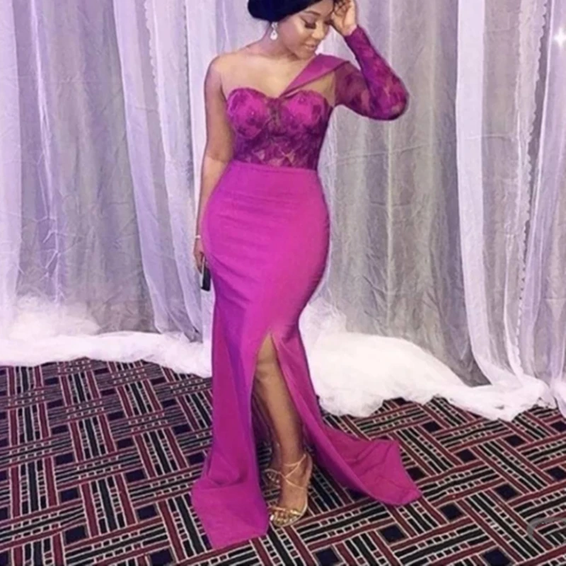 

One Shoulder Long Sleeve Evening Prom Party Dresses Fuchsia Mermaid Lace Floor Length robe du soir Custom Size