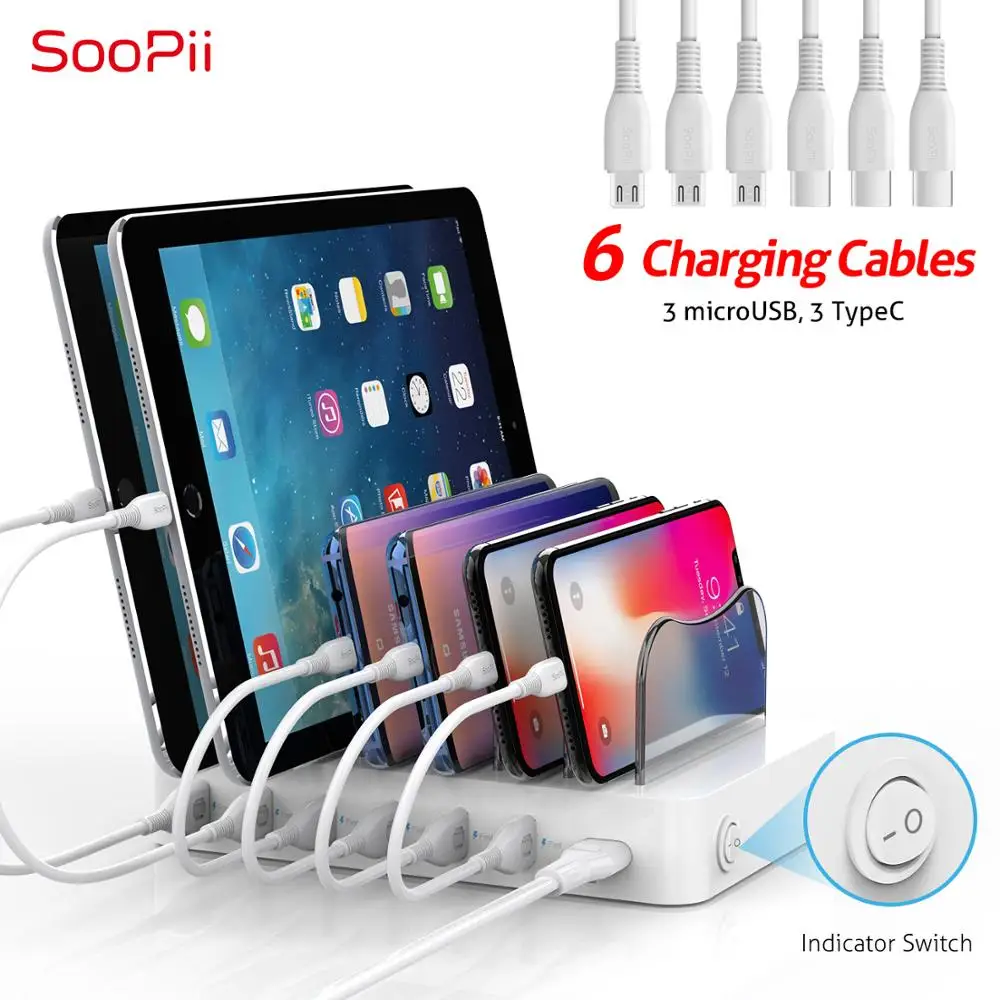 Soopii 50 W/10A 6-портовая зарядная станция usb для нескольких устройств, док-станция USB с 6 кабелями в комплекте(3 Micro USB 3 type-C