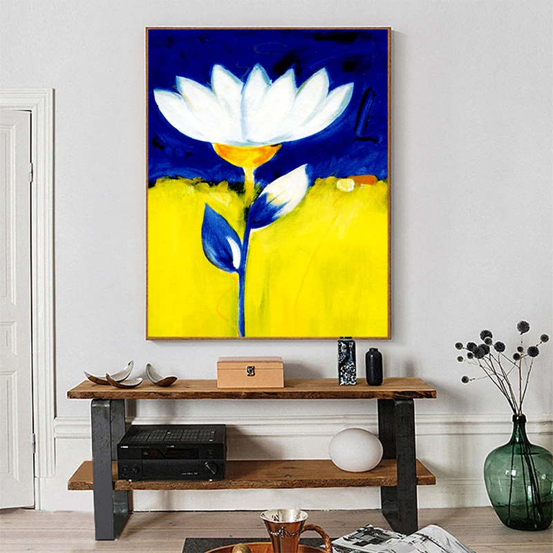 Картина на холсте абстрактный Цветущий белый лотос синие листья плакат печать