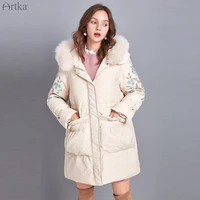 artka 2019 winter new women flower embroidery 90 white duck down coat fox fur collar hooded thick warm long down coats zk10790d