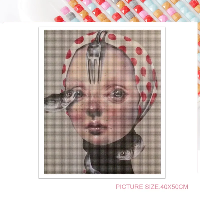 

Wall Decoration Living Room Diamond Painting In Real Life Sad Female Head Fish Creative Portrait European-Style Background Art