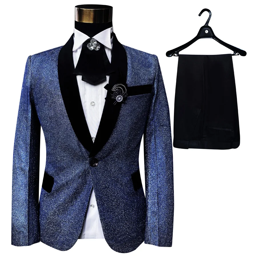 

Blue Men suits black lapel Men's Stage Slim Hosting Chorus Performance Costume Set singer 2piece jacket with pants best man suit