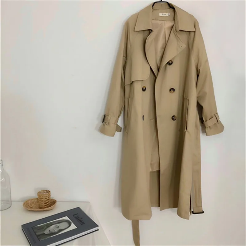 

Over The Knee Trench Coat For Women 2020 Spring Korean Mid-length Suit Collar Double-breasted Outerwear Loose Wild Windbreaker