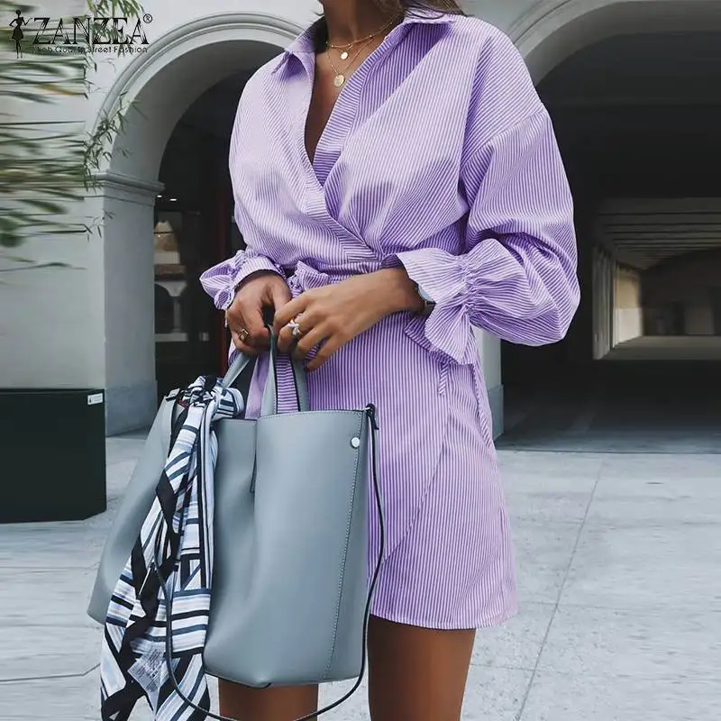 

Женское мини-платье-рубашка ZANZEA в полоску, элегантный рабочий сарафан с V-образным вырезом и длинным рукавом, модные короткие платья с оборк...