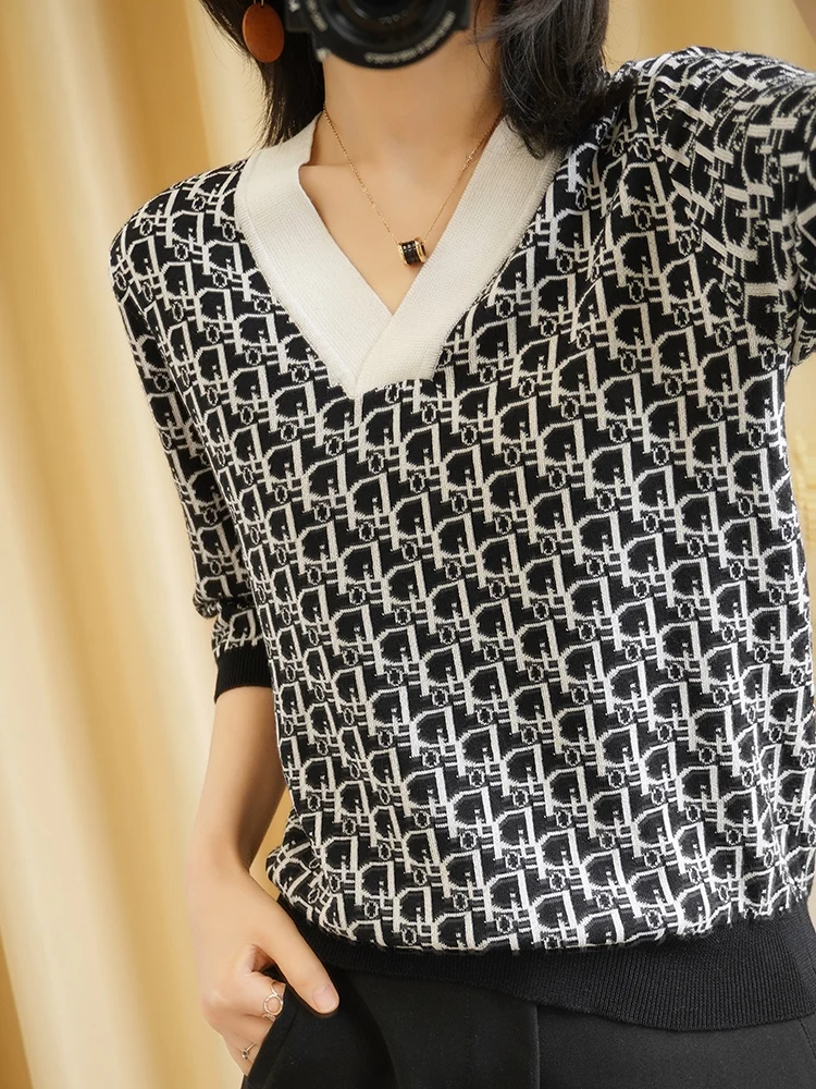 

Spring Summer Short Sleeve Pullover Women's Regular Elegant Fashion Sweater Worsted Pure Cotton Knitted Half-Sleeved T-Shirt Top