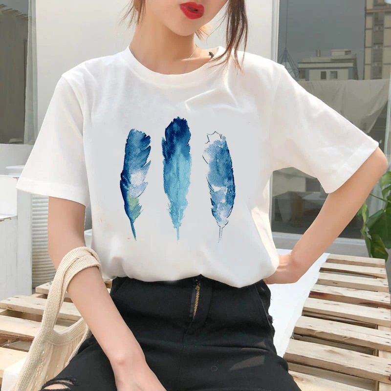 

Women's T-shir Feather Clothing Printed T-shirt Fashion Women's Top Graphic T- shirt Women's Kawaii Camisas T-shirt