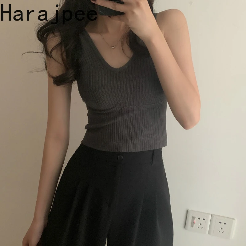 

Harajpee Korean Spring Tanks 2021 New Solid V-neck Suspender Waistcoat Women Slim Outwear Tops with Chest Pad Back To The Basics