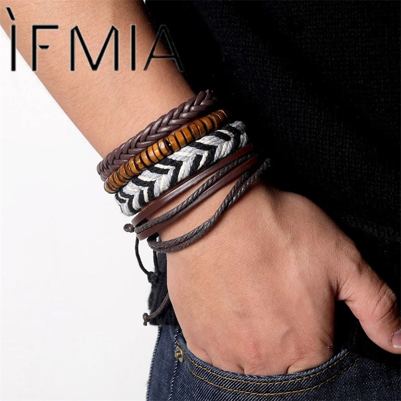 IFMIA винтажный Многослойный кожаный мужской браслет в стиле бохо синий ручной