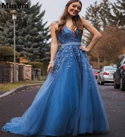 elegant navy blue lace prom dress with beaded sexy v neck long tulle evening dresses 2021 floor length special occasion gown