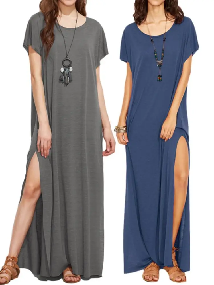 

Round Neck Short Sleeve Long Dress Navy Blue Solid Color Loose Casual High Waist Long Dress Solid V-Neck Sexy Party Dresses