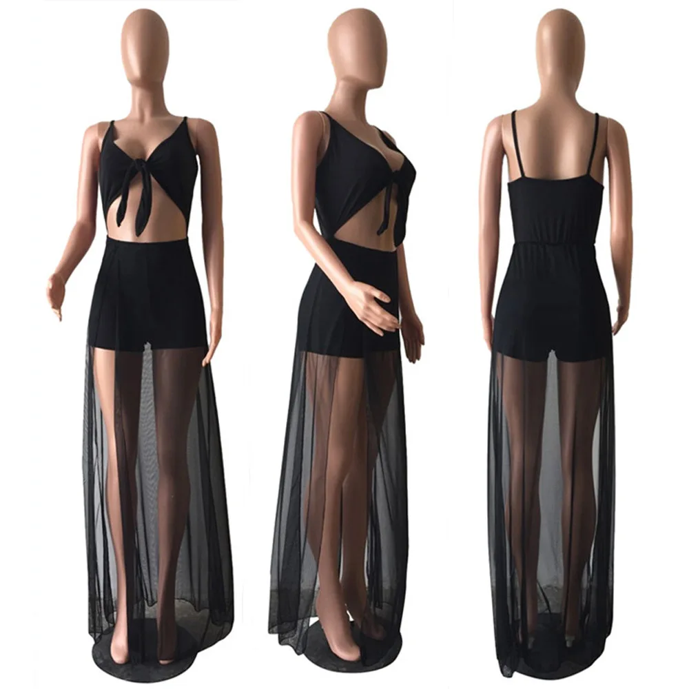 

FNOCE 2020 summer women's playsuits sexy backless solid V-neck sleeveless slim see-through Net yarn sexy club fashion playsuits