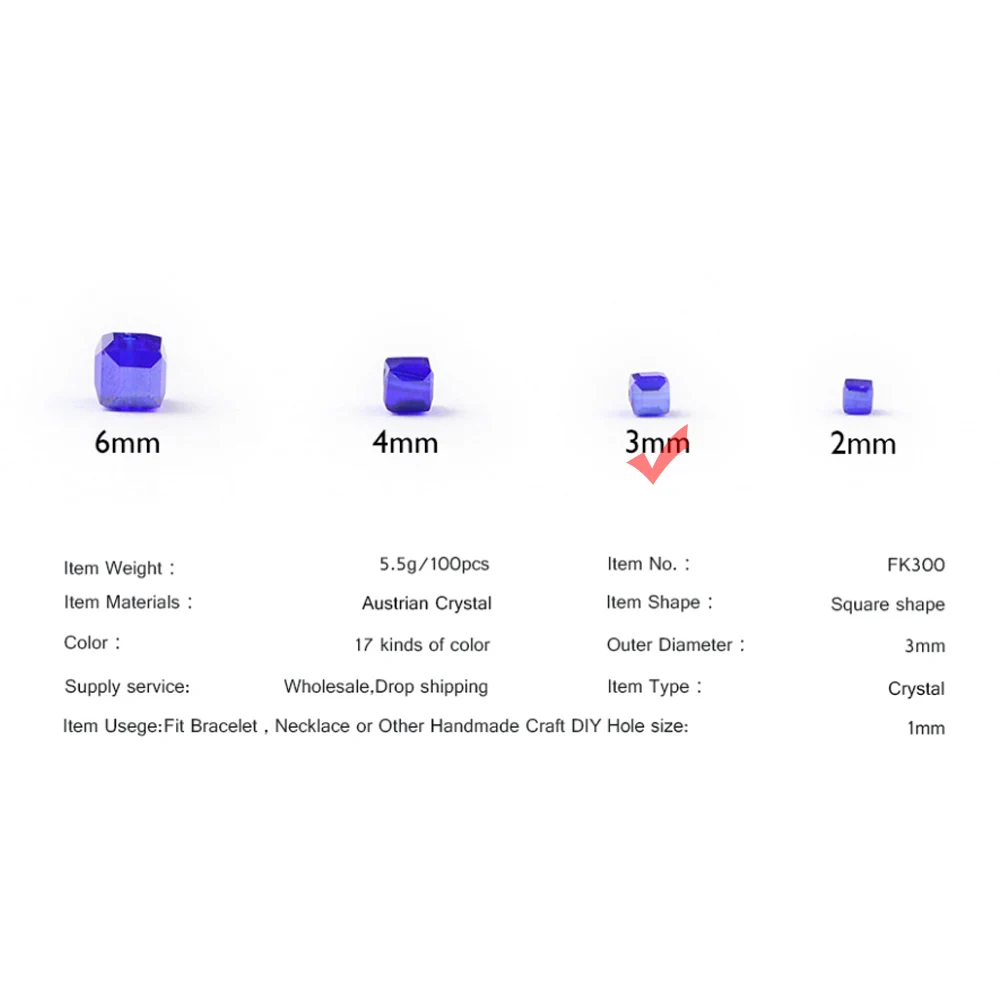 

UPGFNK Square shape Austrian crystal Glass beads 3mm 100Pcs charm Loose Spacer beads for Jewelry making DIY bracelet accessories