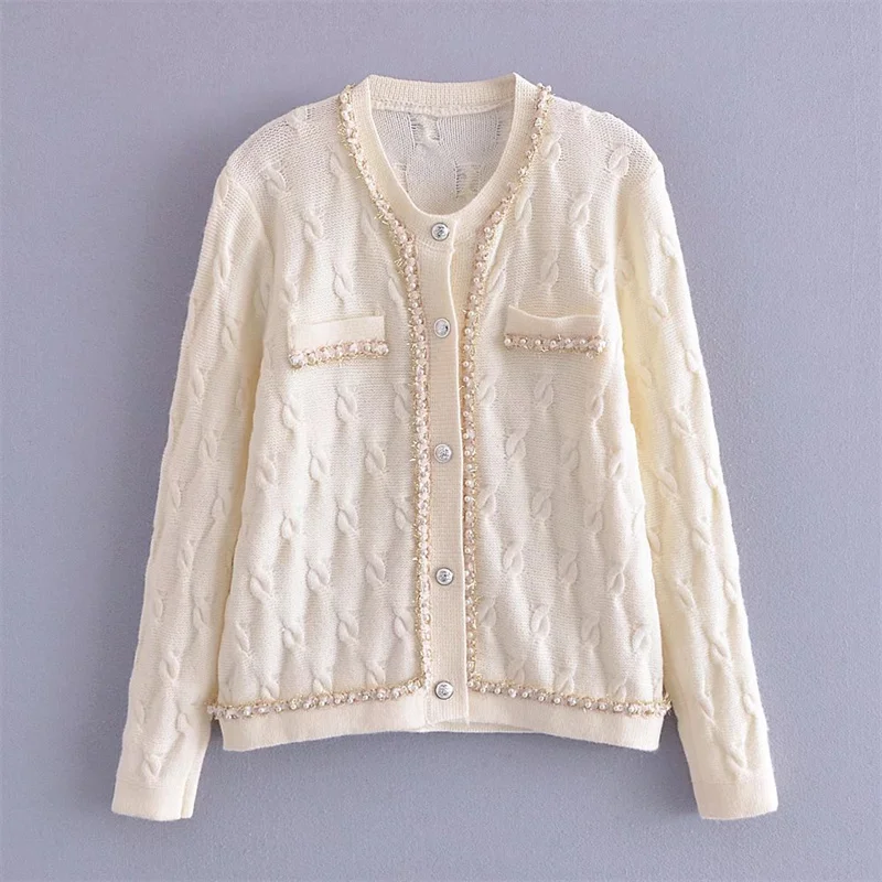 

Winter Hand-stitched Pearls Decorate Woman's Knitting Cardigan Sweater Za Vintage Long Sleeve Pullover Sweater Chic Warm Sweater