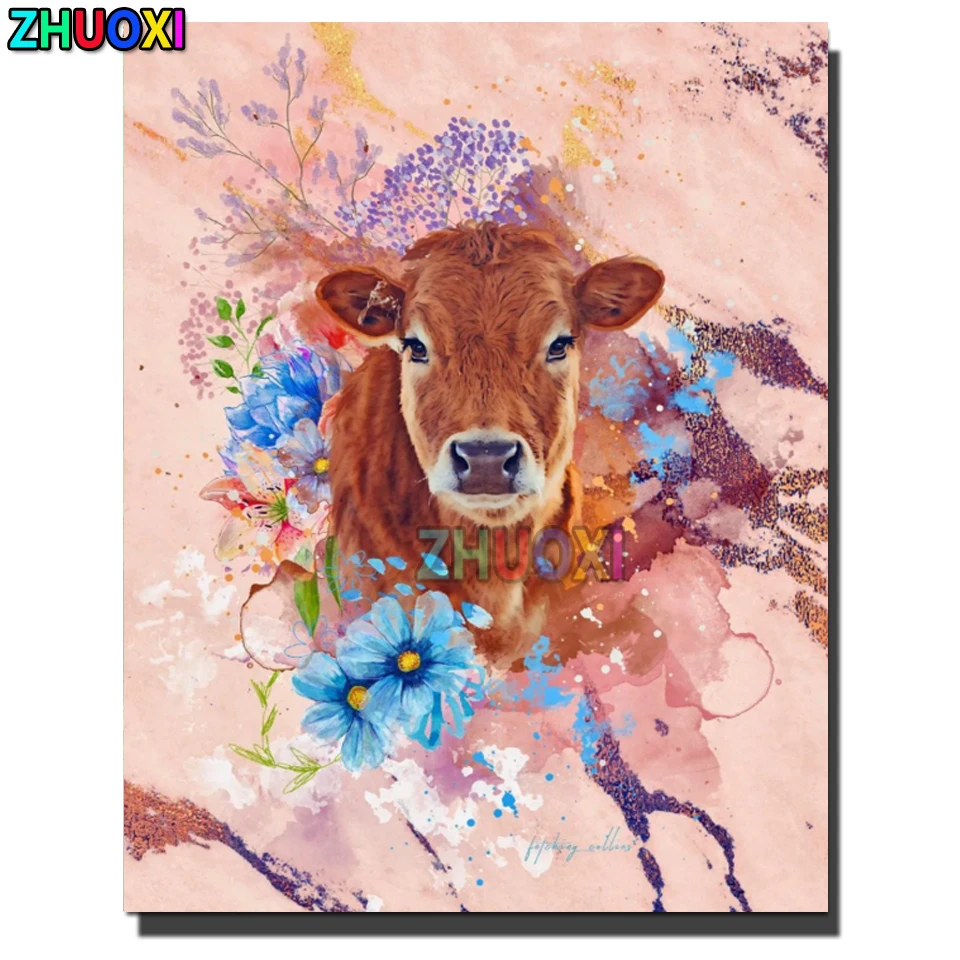 

5D Diamond Painting Cow Flower Diamond Embroidery Animal Fullsquare Picture Of Rhinestones Mosaic Christmas Decoration Gift