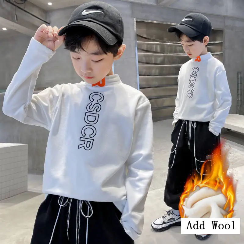 

Winter Kids Boys Fleece Warm T-shirts Cotton Half High Collar Bottoming Shirts Fashion Teenage Letter Print Long Sleeve Tops