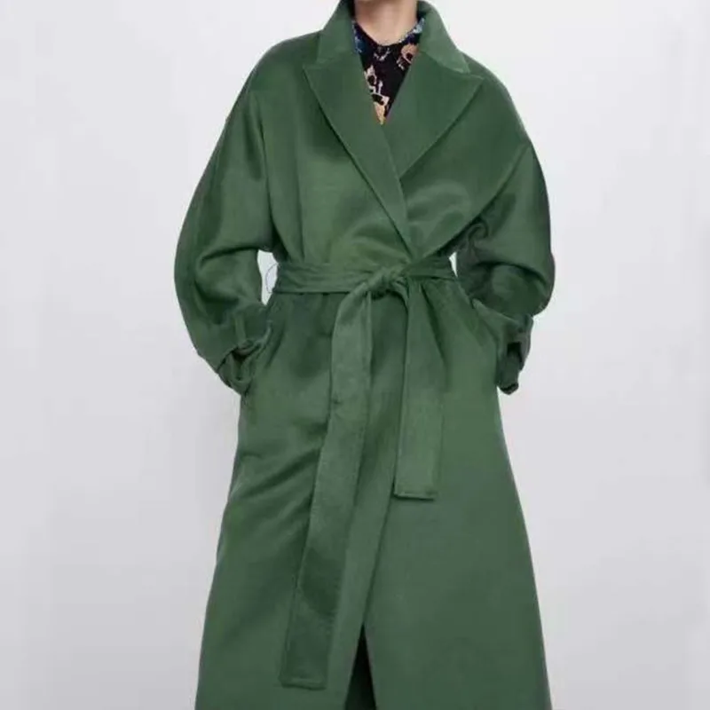 

Женское длинное шерстяное пальто, повседневное зеленое Однотонное шерстяное пальто с длинным рукавом и кружевным воротником, зима 2021