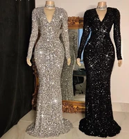 mermaid style sequin prom dresses 2021 v neck long sleeve african women black girl evening party gowns robe de soriee