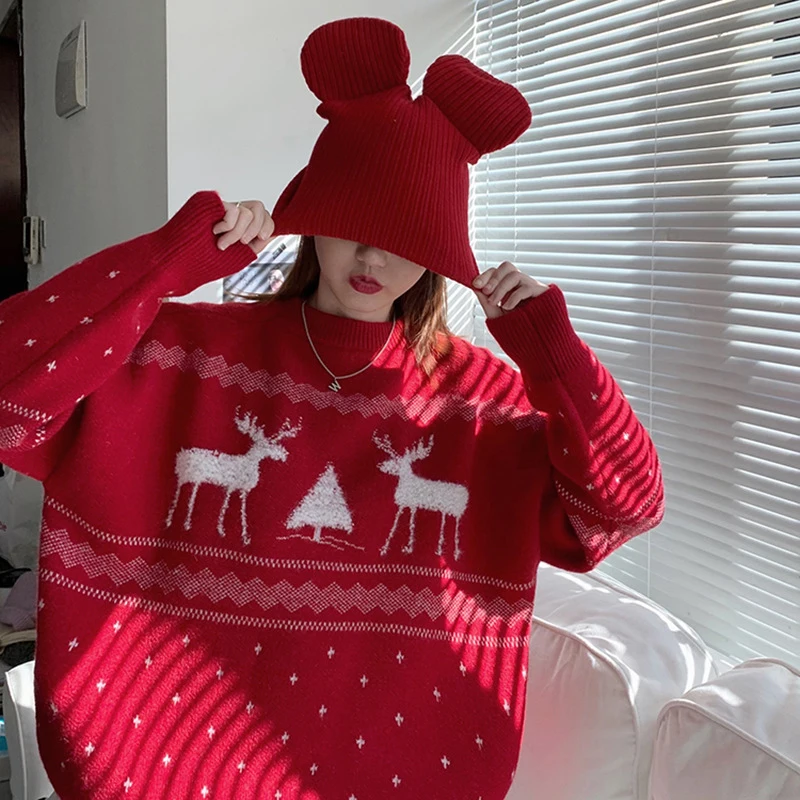 

Осенне-зимняя одежда, женские рождественские красные свитера с оленем, повседневный Свободный пуловер, топ, корейская мода, вязаный свитер, ...