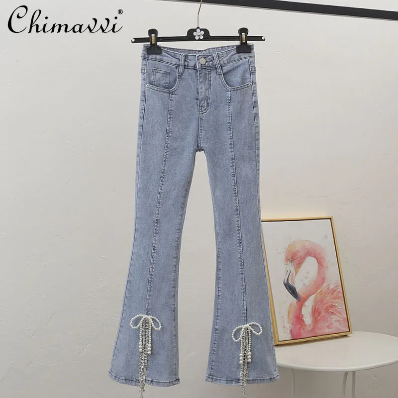 

2021 Summer Pearl Bow Slim Split Jeans Women's Diamond Embedded Tassel Skinny Jeans Female Streetwear Skinny Denim Pants