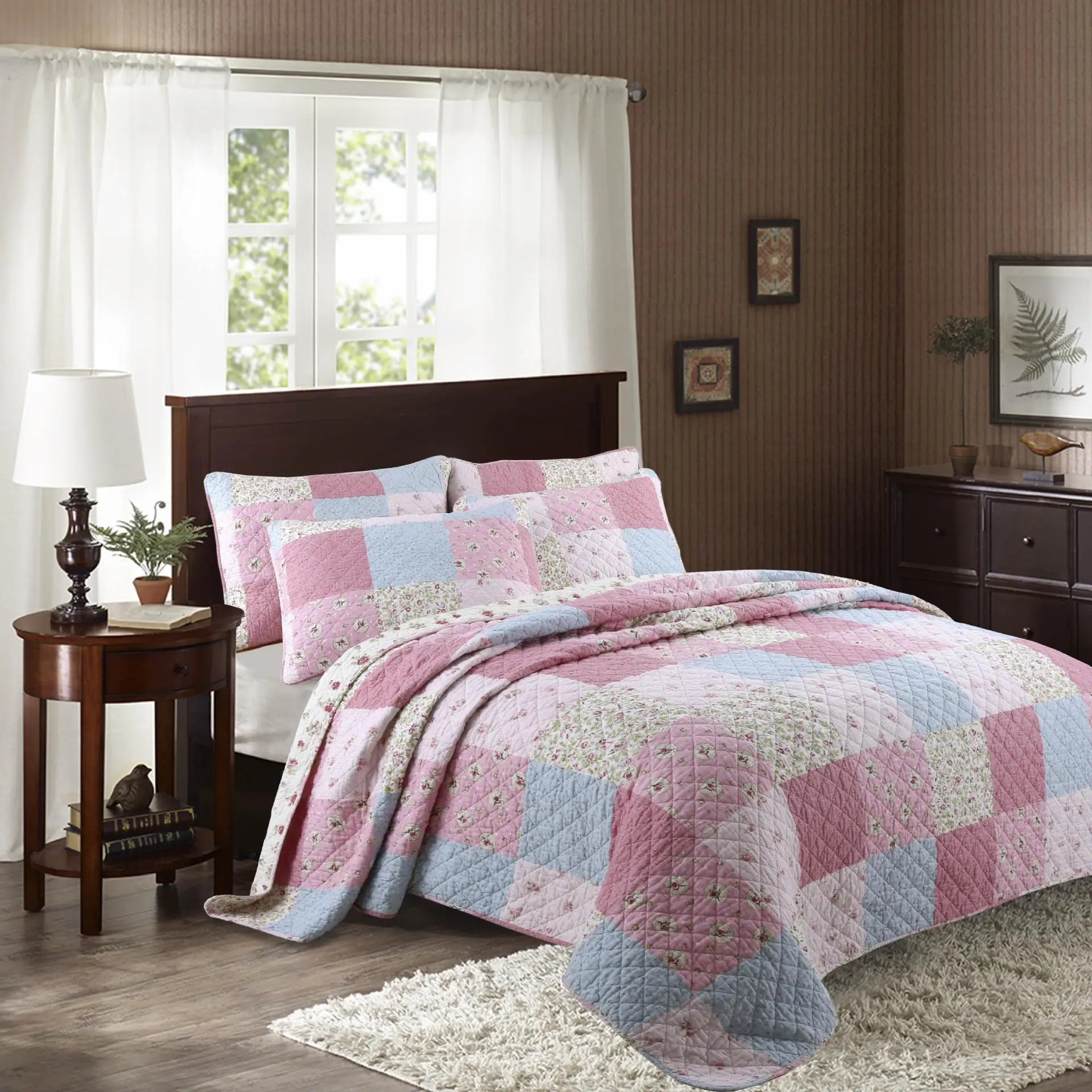 

3-Pieces 100%Cotton Soft Floral printed Quilt Set Patchwork Reversible Bedspread Coverlet Bed cover set Pillow shams