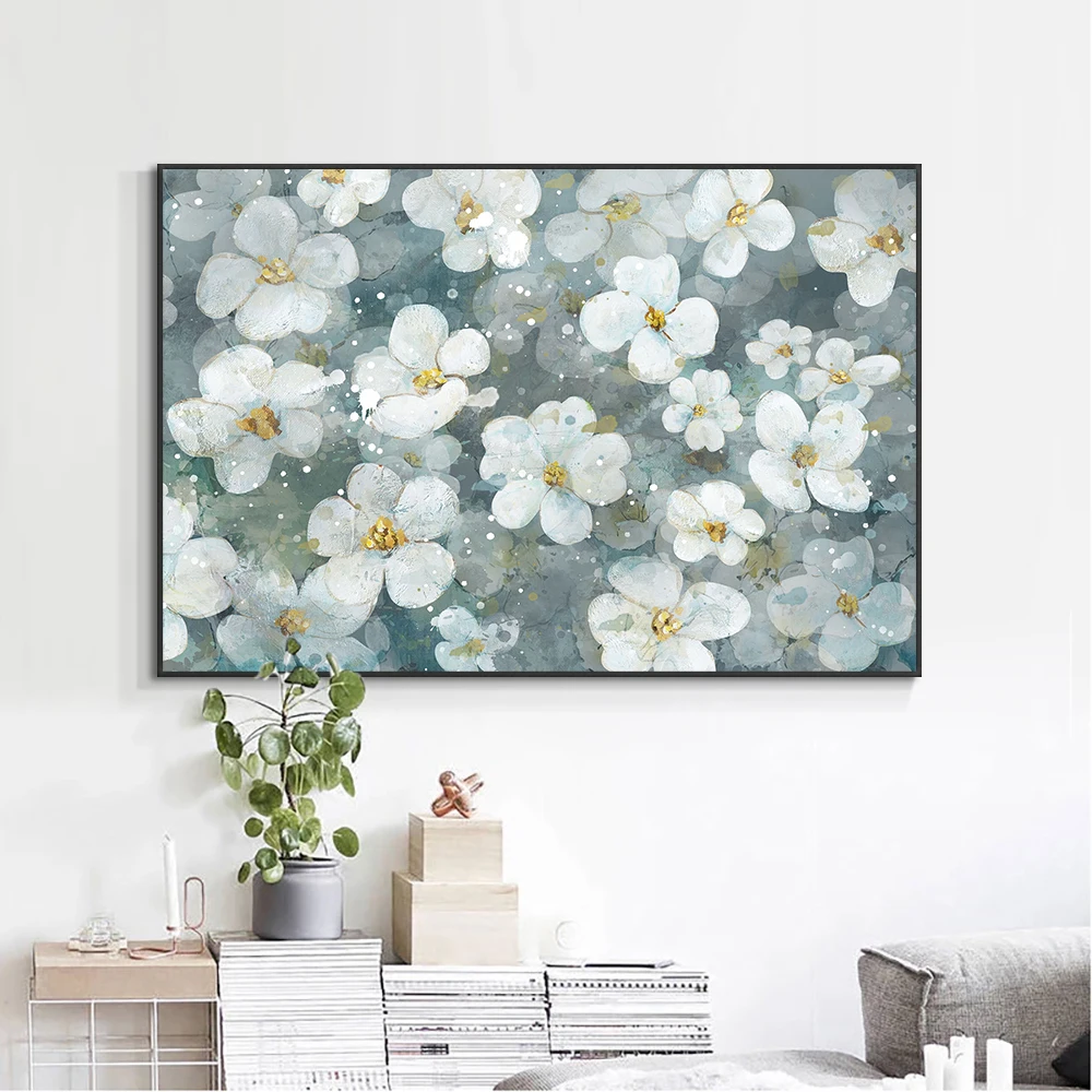 

Nordic White Flower Oil Painting on Canvas Modern Wall Art Pictures for Living Room Posters and Prints Home Deoration Frameless