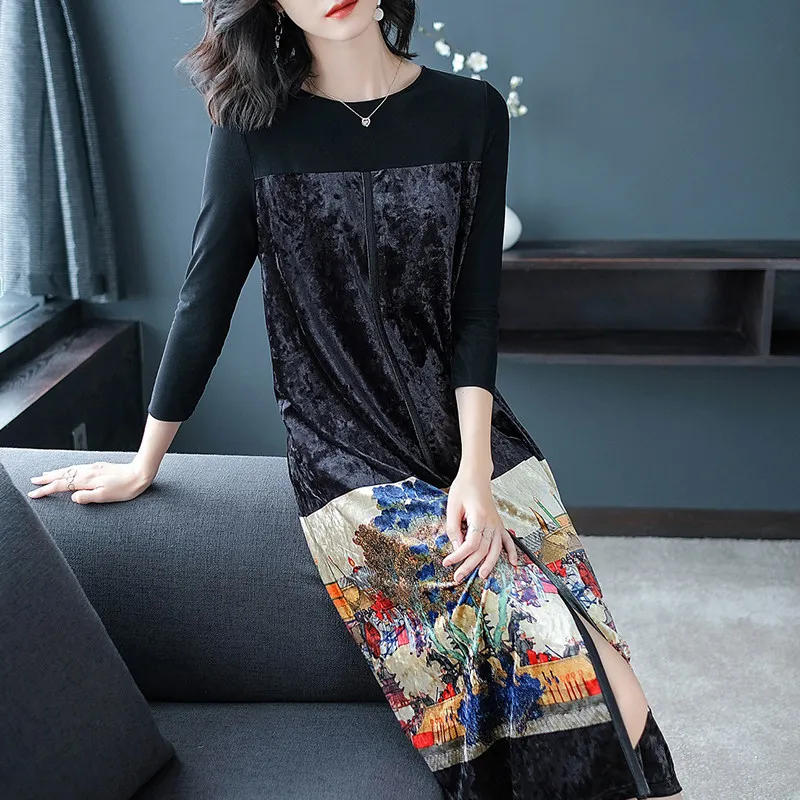 

Осеннее Новое Женское бархатное платье с принтом благородное винтажное Стильное элегантное ТРАПЕЦИЕВИДНОЕ ПЛАТЬЕ средней длины с круглым ...