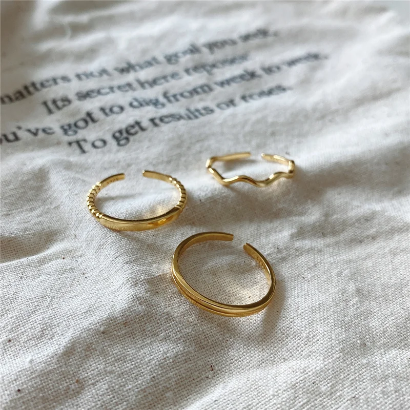 

WOOZU Genuine 925 Sterling Silver Simple Golden Wave Open Finger Rings For Women Party French Punk Hip Hop Unisex Jewelry Gifts