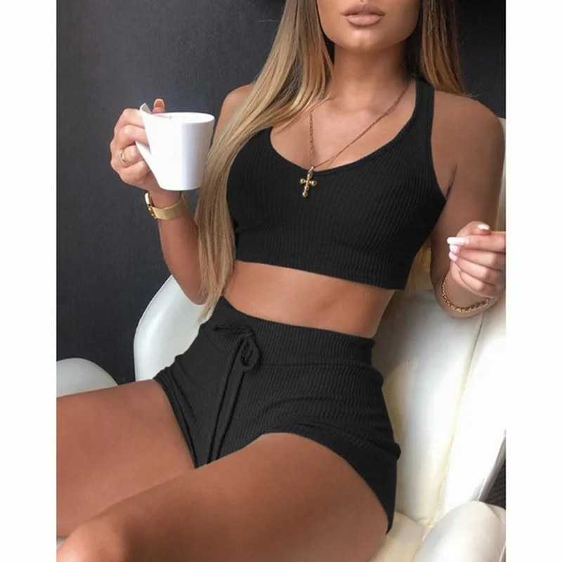 

Two Piece Set Women Summer Outfits Solid Color Tracksuit Sports Sets Ladies Fashion Cropped Tank Top Sports Shorts Female Suit