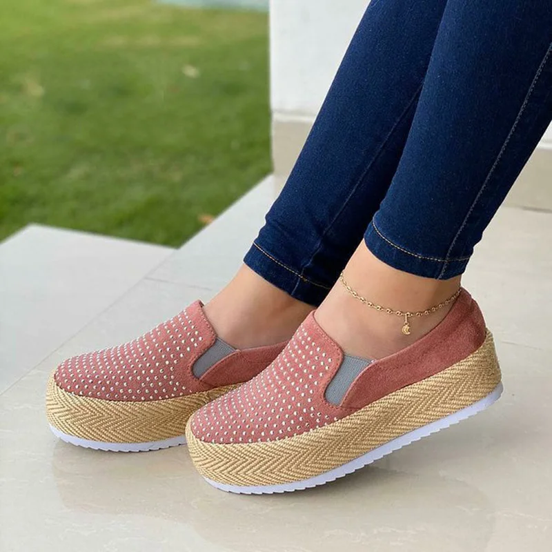 Women's Flat Shoes Thick Bottom Crystal Slip On Solid Female Sneakers Shallow Light Leisure Comfort Ladies Vulcanized Shoes New