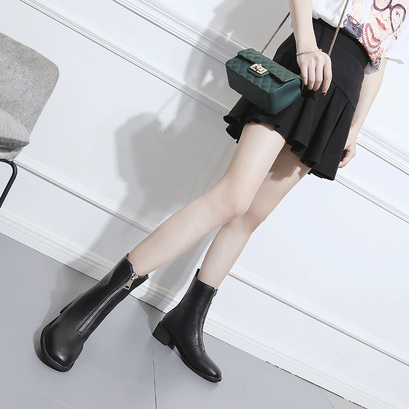 Женские ботинки из ПУ кожи на молнии спереди высоком каблуке|Женские