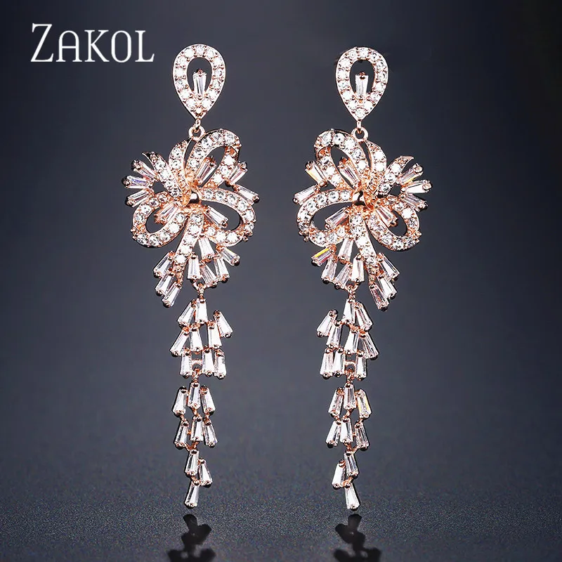 ZAKOL новые роскошные длинные висячие серьги с кубическим цирконием для женщин Сияющий Свадебный цветок с кристаллами Свадебные ювелирные изделия FSEP2108