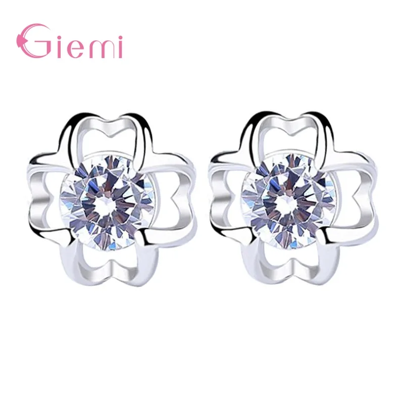 

Luxury Female Flower Crystal Zircon Stone Earrings Fashion 925 Sterling Silver Jewelry Cute Tiny Girls Kids Stud Pendients