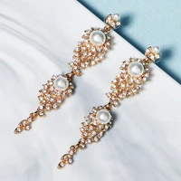 fashion rhinestone earrings for women accessories luxury pearl gold color long bridal wedding drop earring party jewelry gifts