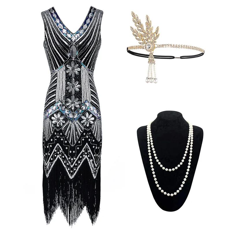 Black Set Винтажное женское платье 1920s Gastby со сплошным расшитым блестками Сетчатое платье в стиле модерн украшенное бахромой платье размера плюс черный/зеленый/белый/золотой - Цвет: Black Set