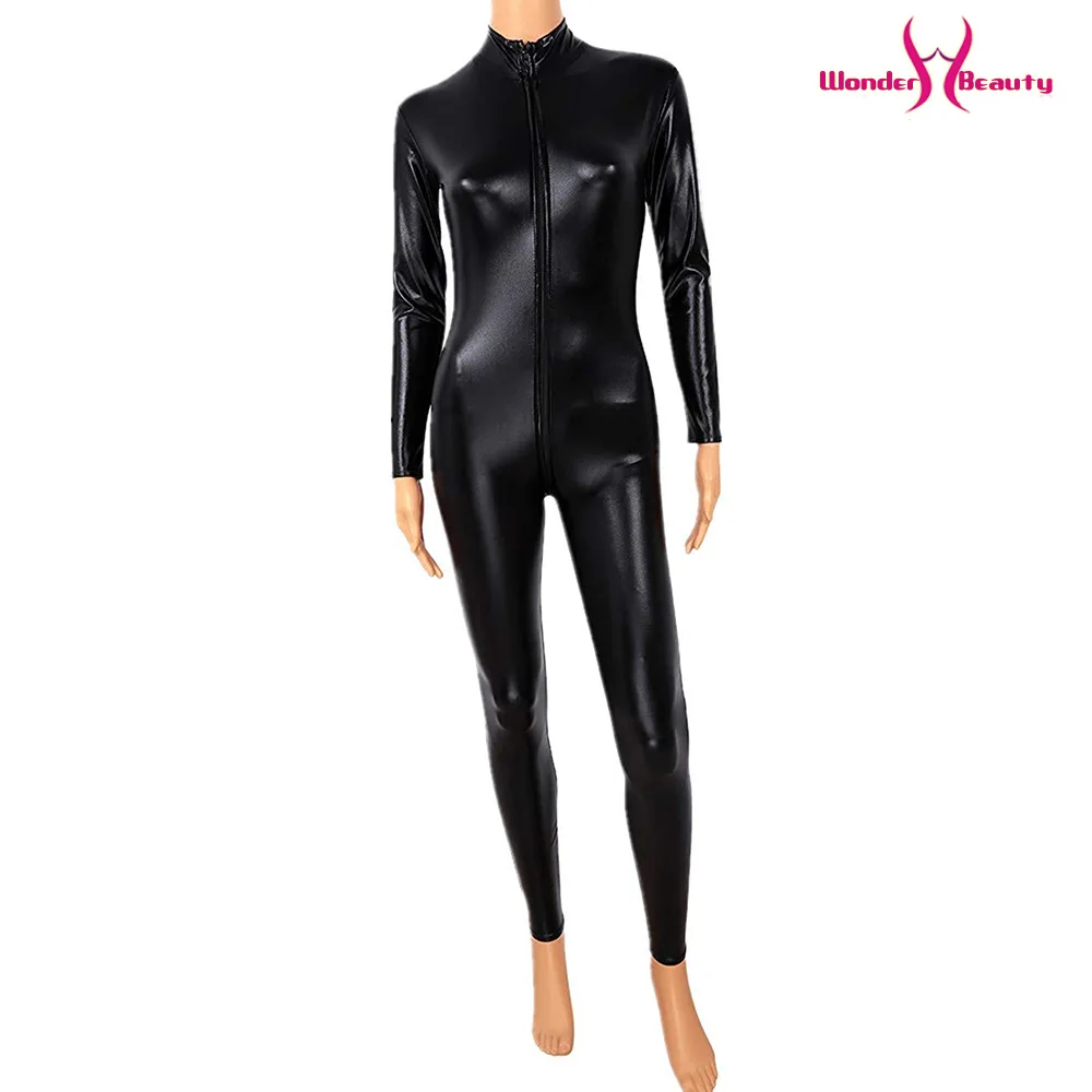 Черный Винил Комбинезон Wetlook Catsuit PU искусственная кожа Комбинезон для женщины zentai латексный комбинезон на молнии до промежности полюсный танцевальный костюм