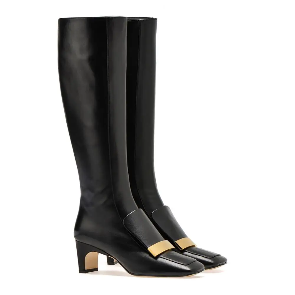 

Женские сапоги до колена с золотистым металлическим декором, Осенние, модные, черные, кожаные, на плоской подошве, с боковой молнией, высокие...