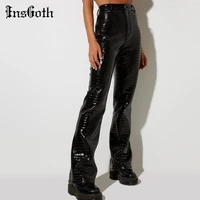 insgoth punk faux pu leather pants y2k streetwear grunge black high waist straight pants goth women autumn trousers techwear