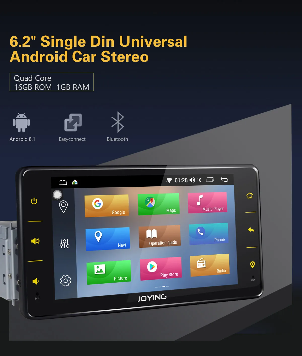 JOYING one din автомагнитола Android 8,1 стерео 6,2 дюймов головное устройство универсальное 1 ГБ ОЗУ 16 Гб ПЗУ gps навигация Авторадио аудио плеер
